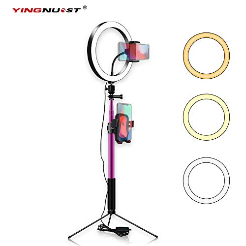 Selfie Light Ring Kit with Tripod Stand & 2 Phone Holders Work with iPhone X Xs Xr XS Max 7 8 Plus & Android, Camera Photography Lighting for Makeup Lamp, YouTube Video Recording, Filming(Pink)