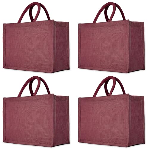 Deep Colour Juco Tote Bags – Set of 4 Durable Burlap Reusable Gift Totes, Perfect for Weddings, Shopping, Beach Trips, DIY Crafts, and Groceries. Size: 9