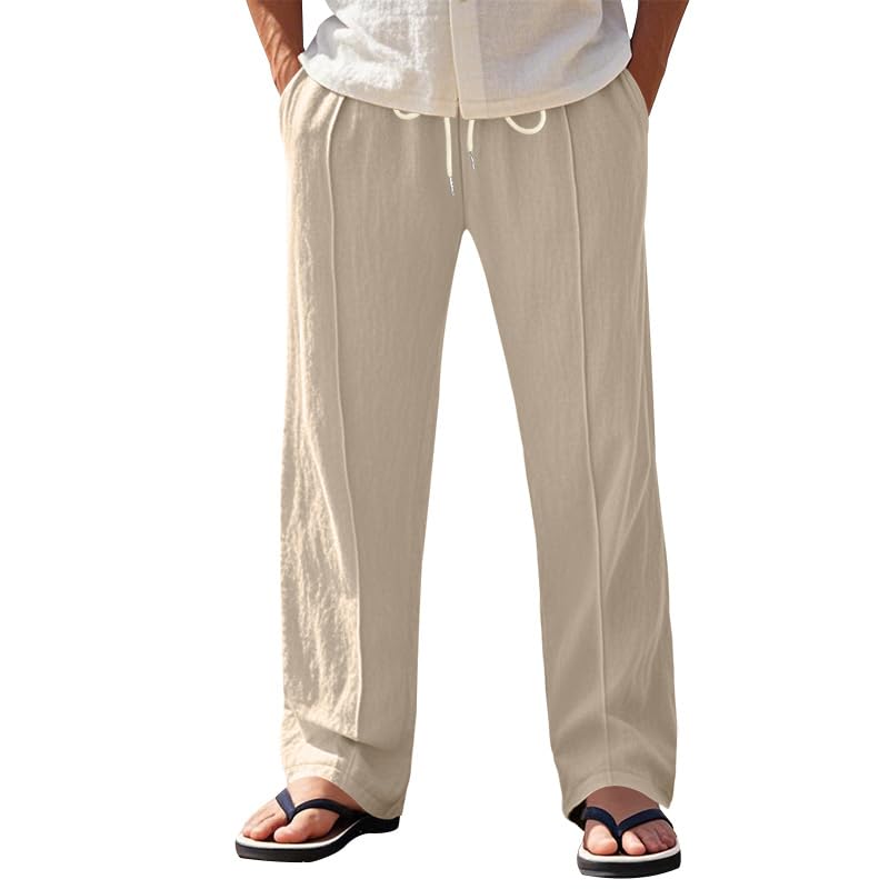 Mens Linen Cotton Pants Loose Fit High Waist Baggy Straight Leg Beach Vacation Casual Trousers with Pockets