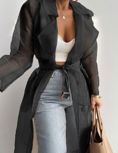 Yvipette Women’s Sheer Organza Buttoned Cardigan Long Sleeve Lapel Belted Open Front Cover Up3