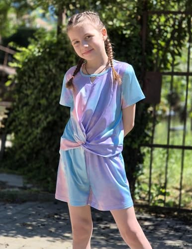 Image of Arshiner Girls Summer 2 Piece Outfits Tie Dye Short Sets Casual Twist Front Short Sleeve Tops and Pant with Pockets