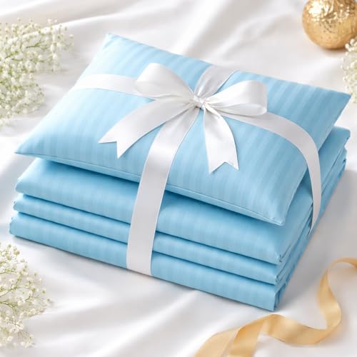 Image of Prozone Premium Satin Stripe Double Bedsheet with 2 Pillow Covers | Soft & Luxury Hotel Style Bedding for Double Bed (Jazzy Blue)