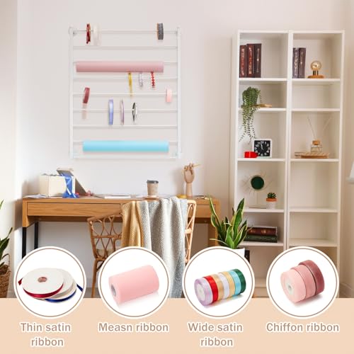 Image of Menkxi 9 Tier Wall Mounted Ribbon Organizer Metal Ribbon Holder Organizer Rack Wrapping Paper Storage for Sewing Craft Mesh Thread Tape Wreath Crochet Craft Room Flower Shop(White)