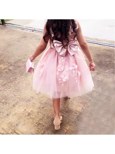 Short 3D Flower Girl Dress for Wedding 2025 Tulle V-Back First Communion Pageant Dresses with Bow-Knot4