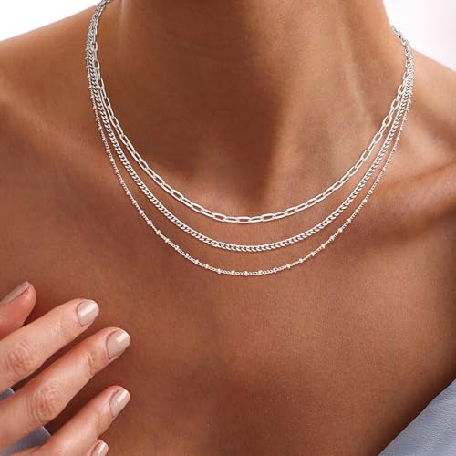 Gold/Silver Necklaces Stack For Women, 14K Gold/Sterling Silver Plated Layered Choker Necklace Set, Stackable Multilayer Simple Cuban Snake Paperclip Chain Set Jewelry Gift for Women3