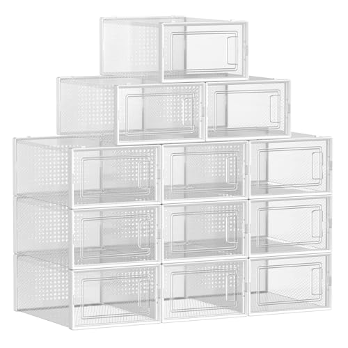 SONGMICS Boîtes à Chaussures, Lot de 12, Rangement Chaussures, Pliable, pour Pointure jusqu’à 44, Transparent...
