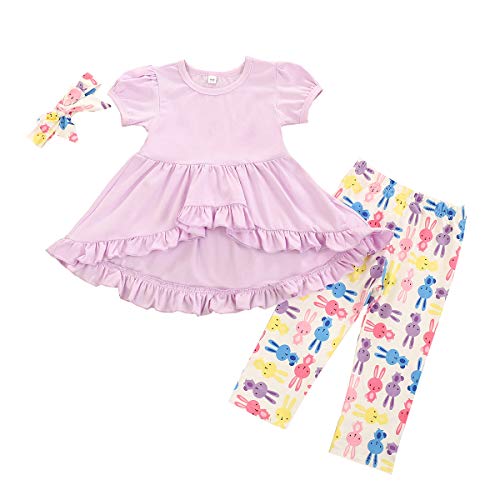 Toddler Little Girls Ruffle Puff Sleeve Tunic Dress Top + Bunny Leggings Pants + Cute Headband Easter Outfit Set Clothes (Purple Dress&Rabbit Legging, 12-18Months)