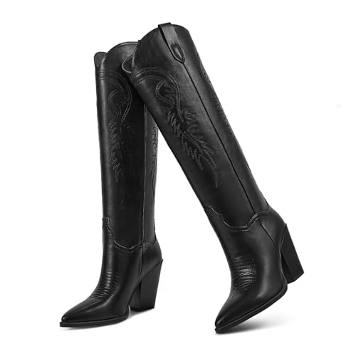 ISNOM Women's Cowgirl Boots Pull On Knee High Boots, Cowboy Western Embroidered Chunky Block Heel Pointed Toes Boots2