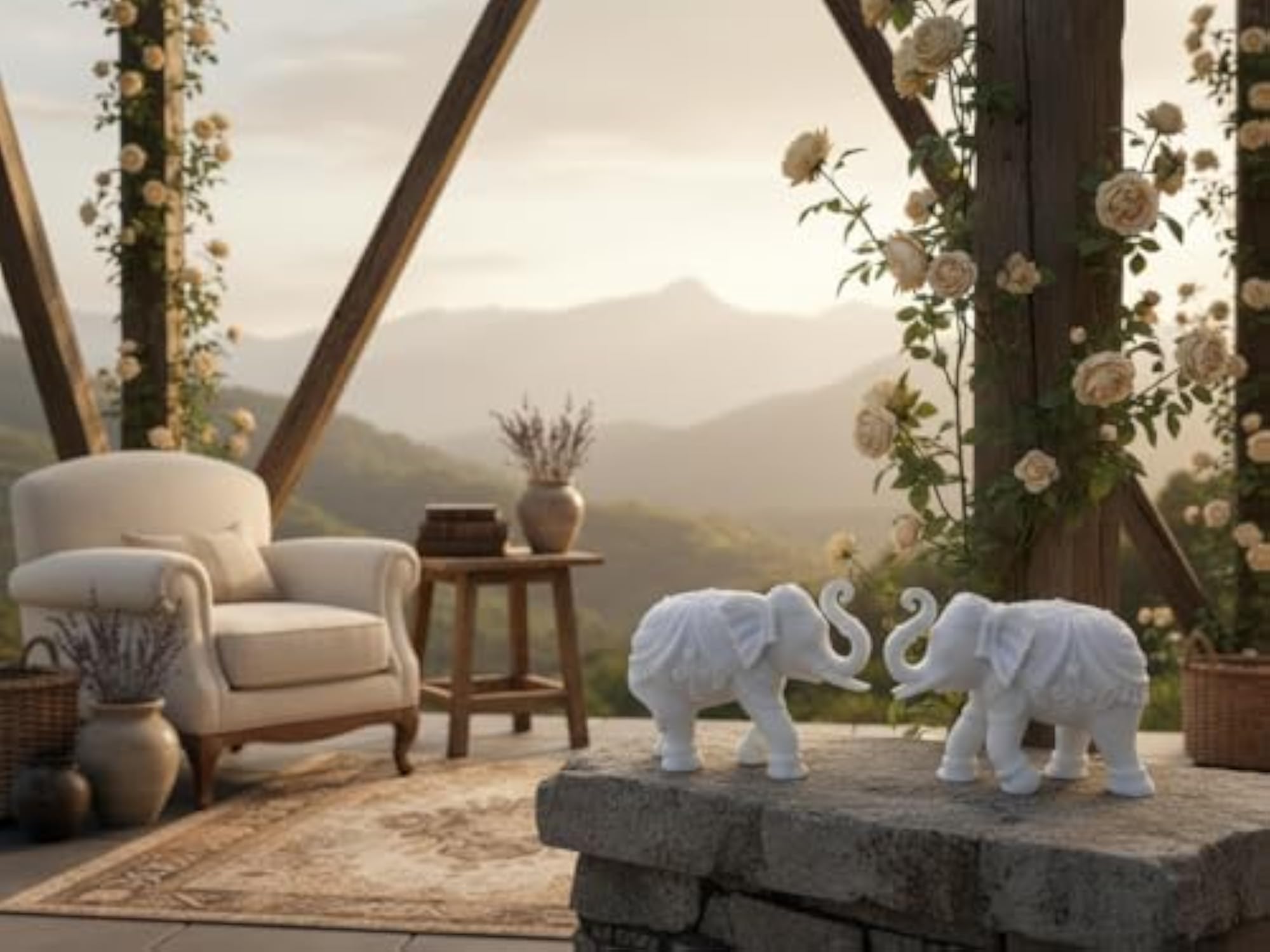 White Marble Dust Trunk Up Elephant Statue Pair for Home Decor
