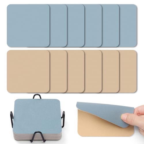 Myir JUN Coasters Glass Coasters set of 12 4 inch Double Sided Faux Leather Coaster Waterproof Non-slip Easy to Clean with Coaster Holder(Camel yellow Blue)