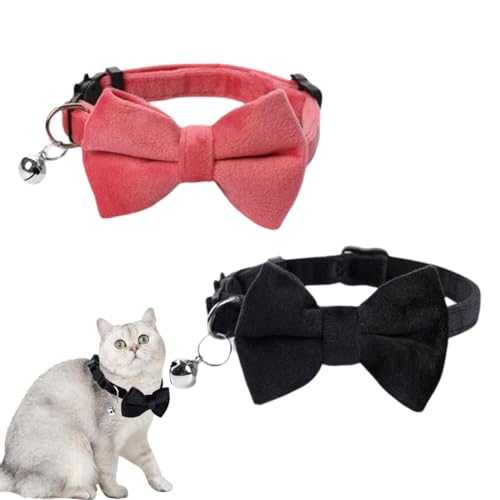 2 Pezzi Collare per gatti in velluto con campana e papillon,Collare per gatti con ciondolo a forma regolabile per gatti separati,gattino piccolo cucciolo di sicurezza papillon solido colore di base