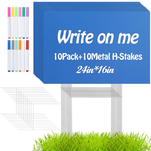 10 PACK 24 x 16 Inches Blue Blank Yard Signs - Waterproof Corrugated Plastic Signs, Blank Yard Signs with Stakes for Gardens, Parks, Warnings, Fairs, Commercials, Garage Sale Signs, Advertising