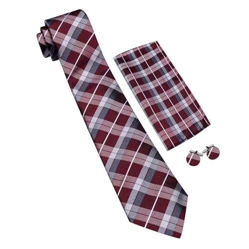Image of Barry.Wang Plaid Ties Check Mens Necktie Set with Handkerchief Cufflinks Classic Stripe
