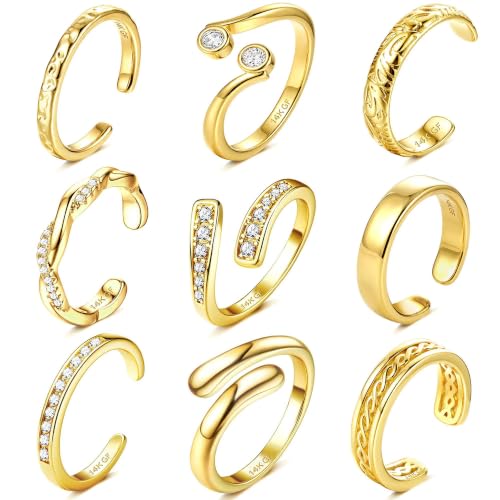 ORAZIO 9 Stück 16 Karat Gold Zehenringe für Damen Verstellbarer Offener Zehenring Set CZ Eingelegte Ring Gold Wasserfest Ringe für Frauen Sommer Strand Fuß Ringe Schmuck
