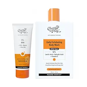 Chemist At Play Exfoliating Face Scrub (100g) + Exfoliating Body Wash (236ml) | With Mandelic Acid, Walnut Beads, Lactic Acid, Salicylic Acid, Vitamin E & Ceramides | For Smooth, Glowing Skin