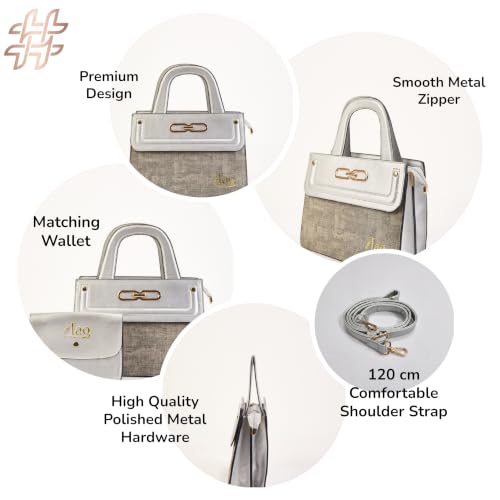 Image of Hashtag Lifestyle Women's Luxury Metallic Top Handle Handbag 2-Piece Set | Silver Grey Textured Satchel with Matching Envelope Wallet | 120 cm Adjustable Shoulder Strap | Office Travel