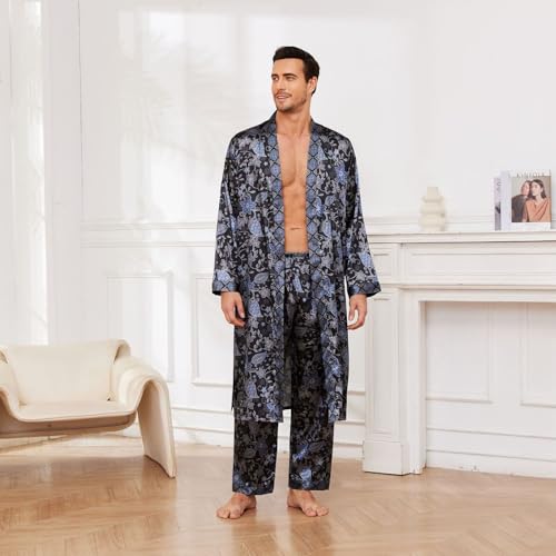 Men's Long Sleeve Pajama Set Satin Robe Comfy Pant Silky Summer Bathrobe Trendy Lounge Thin Pj Set3
