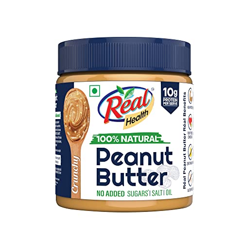 Real Health 100% Natural Peanut Butter (Crunchy) – 350gm | Unsweetened | High Protein With 10g Protein Per Serve | For Fitness Conscious | Zero Trans Fat | Gluten Free | Non-GMO Peanuts For Rs. 89