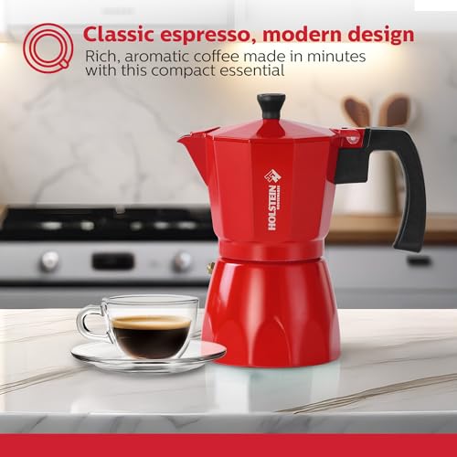 Holstein Housewares - 6 Cup Aluminum Espresso Maker, Red - Great Tasting Traditional Espresso Coffee in Minutes,H-08081