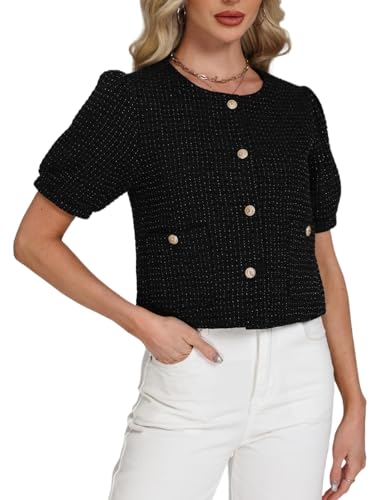 Women's Tweed Blazers Jackets Cropped Puff Short Sleeve Collarless Work Suits Coat with Pockets4