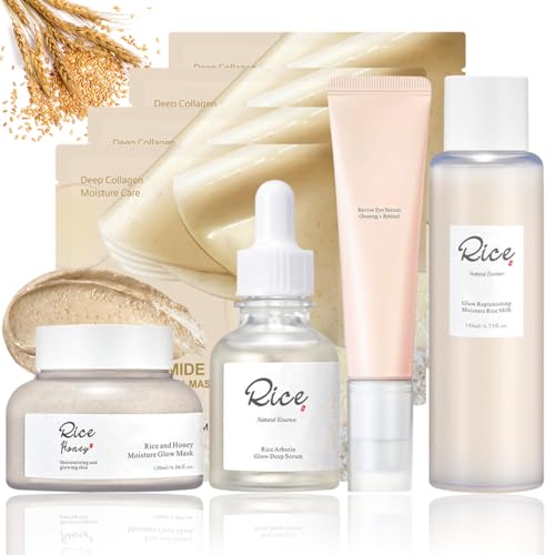 5-Step Korean Glass Skin Set – Rice & Honey Glow Mask, Arbutin Serum, Collagen Face Mask (×4), Ginseng Eye Serum & Hydrating Rice Milk Toner | Vegan, Anti-Oxidant Skincare Kit for Radiant Complexion