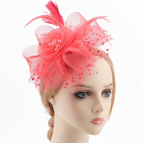 Image of DRESHOW Fascinators Hat Flower Mesh Ribbons Feathers on a Headband and a Clip Tea Party Headwear for Girls and Women