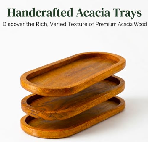 Image of Premium Luxury 100% Natural Acacia Wood Serving Tray Set of 3, Wooden Oval Snack Tray for Kitchen, Coffee, Fruits & Decor, Durable Food-Safe Serving Platter, Natural Finish