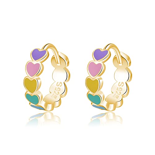 SLUYNZ Sterling Silver Rainbow Heart Hoop Earrings for Women Teens Colorful Love Earrings Huggie for Valentines Day