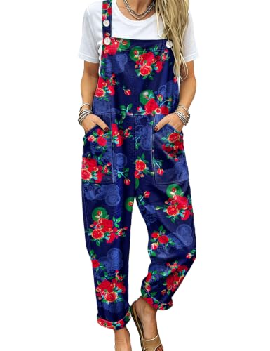 Image of YESNO Women's Overalls Cotton Boho Casual Floral Bib Jumpsuit Baggy Adjustable Strap Romper with Pockets PVV
