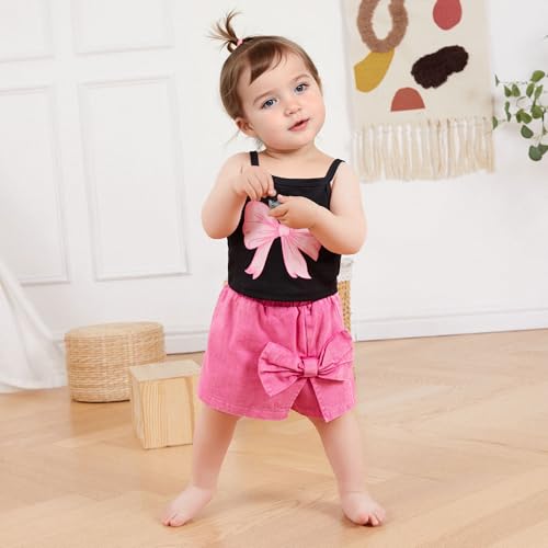 Emmababy Toddler Girls Denim Shorts Set Ribbed Crop Tank Top Sleeveless Bow Jean Shorts Skirt Western Baby Summer Clothes2