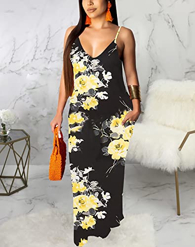 Image of Maxi Dress for Women Casual Sexy Summer Floral Spaghetti Strap Sleeveless Long Sundress with Pockets Plus Size, Medium