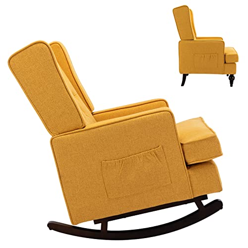 Duomay 2 In 1 Upholstered Accent Rocking Chair, Tufted High Back Rocker Chair Arm Chair For Nursery Living Room Bedroom Office, Linen Armchair With Wood Base (Two Types Legs Included), Yellow #TOP4