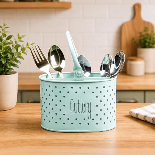 Image of MARKET 99 Green Polka Dot Cutlery Holder | Oval Metal Knife & Fork Holder with Glossy Finish | Multipurpose Kitchen & Dining Table Organizer for Utensils, Spoons, Chopsticks