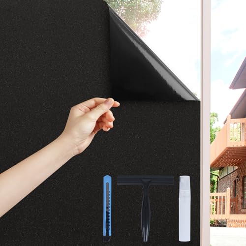Volcanics Fensterfolie Blickdicht Schwarz 90 x 200 cm mit Montagewerkzeug, Verdunklungsfolie statisch haftend, lichtdicht Sichtschutzfolie, Verdunkelungsfolie für Schlafzimmer Dachfenster