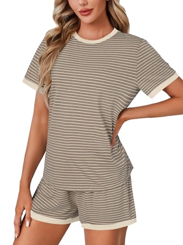Image of LYANER Pajama Set for Women 2 Piece Lounge Set Striped Crew neck Short Sleeve Tops and Shorts Soft Sleepwear