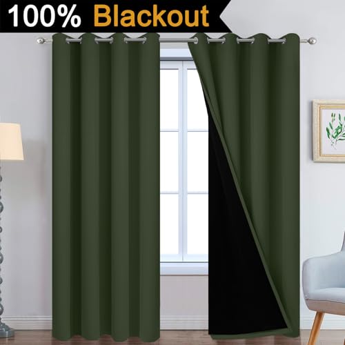 Image of Yakamok Greyish Green 100% Blackout Curtains 84 Inches Long 52 inch Wide, 2 PCS | Blackout Curtain Panels for Bedroom, 2 Thick Layers Grommet Top Thermal Insulated Drapes with Black Liner for Living Room