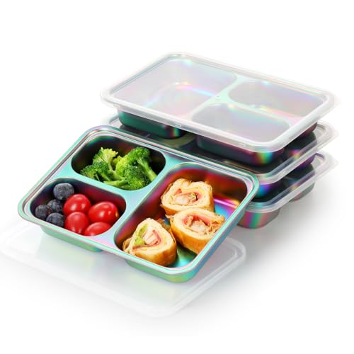 Image of AIEVE Stainless Steel Kids Plates, 4 Pack Stainless Steel Portion Control Plate with Lids for Toddler 3 Compartment Non-Toxic (Rainbow)