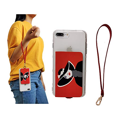 Image of Tainada Phone Adhesive Flip Credit Cards /Cash Holder with Detachable Wristlet and Built-in Stand, Stick On Phone Wallet for iPhone, Android and Most of Smartphones (Lady Red)