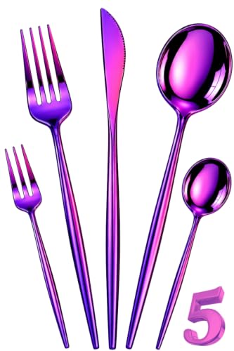 Image of Slim Handle Pink 5 Pcs Stainless Steel Cutlery Set for Dining Table, Dishwasher Safe Glossy Flatware (1 Spoon Set+1 Forks Set+1 Butter Knife+1 Dessert Spoon+ 1 Fruit Fork)
