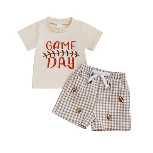 Ayalinggo Toddler Boy Football Outfits Rugby Game Day Short Sleeve T-shirt Tops Plaid Shorts Sets Cute Infant Summer Clothes (Khaki, 0-6 Months)