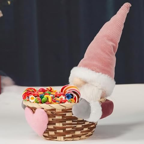 LEYUPEAK Christmas Candy Basket Gnome 7" Round Gift Baskets Christmas Decoration Woven Basket Candy Bowl Dish Xmas Sugar Snack Container for Table Desk Decor, Gnome Cover