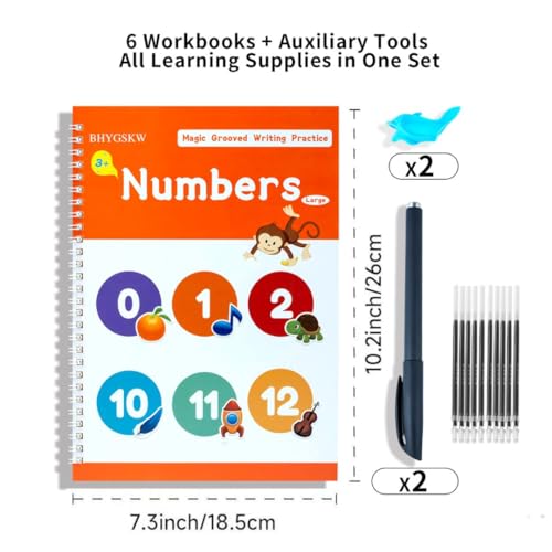 Magic Grooved Writing Practice Books for Kids with Disappearing Ink Pens Grips, Reusable Handwriting Workbooks 6 Pcs Writing Practice Books, Letter Tracing Copybook for Kindergarten Ages 3-8