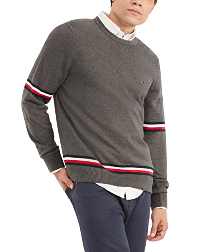 Tommy Hilfiger Mens Essential Signature Stripe Crewneck Pullover Sweater, Charcoal Grey Heather, X-Small US
