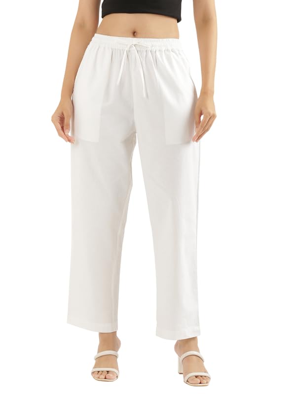 Image of SAADAA Cotton Straight Pants for Women | Breathable Everyday Wear Trousers | Drawstring, Deep Pockets & Elastic Waistband | Casual & Comfortable Fit