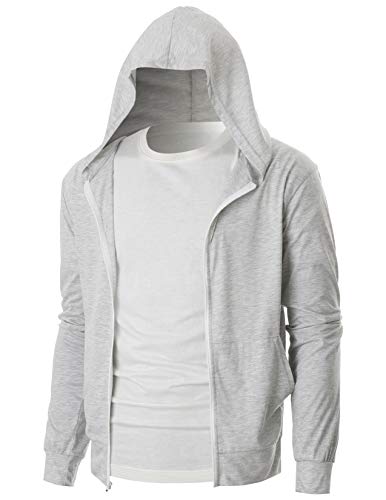OHOO Mens Slim Fit Long Sleeve Super Thin Lightweight Eco Zip-up Hoodie Sweatshirt with Kanga Pocket/DCF202-GREY-2XL