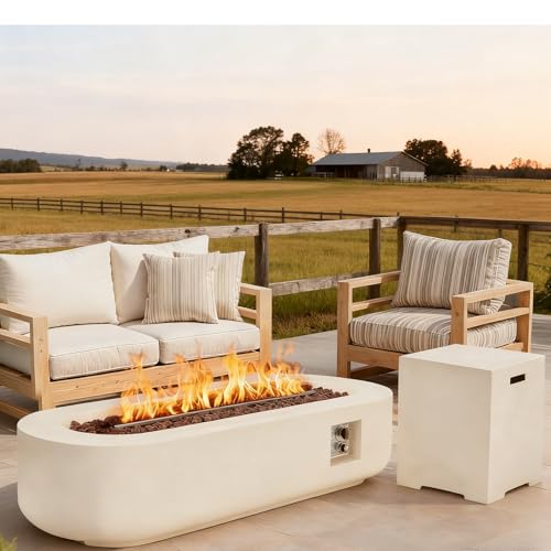 ECOTOUGE 56''Outdoor Propane Fire Pit Table, 2-Piece Gas Fire Pit Set w/Tank Cover, Auto-Ignition Steel Fire Table, 50,000 BTU Oval Concrete Fire Pit w/Weather-Resistant Pit Cover, Lava Rocks, White