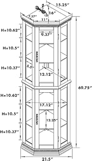 czczgx Lighted Wooden Corner Display Curio Cabinet, Curved Shelving Unit with Adjustable Shelves and Mirrored Back Panel, Tempered Glass Doors for Bedroom, Living Room (Walnut, Corner Shape)