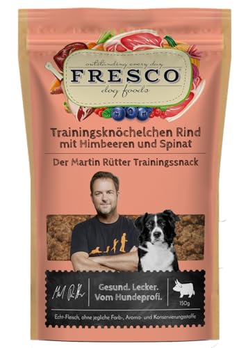 Fresco Martin Rütter Trainingsknöchelchen | 3X 150g | Natürlicher Monoproteinsnack aus reinem Rindfleisch mit Himbeeren und Spinat | Hundeleckerli | Leckerer Snack für Hunde | Gesund und natürlich