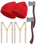 Blosssound 2 Sets Lumberjack Costume Set Included Lumberjack Beanies Halloween Axe Suspenders for Halloween Party (Red)