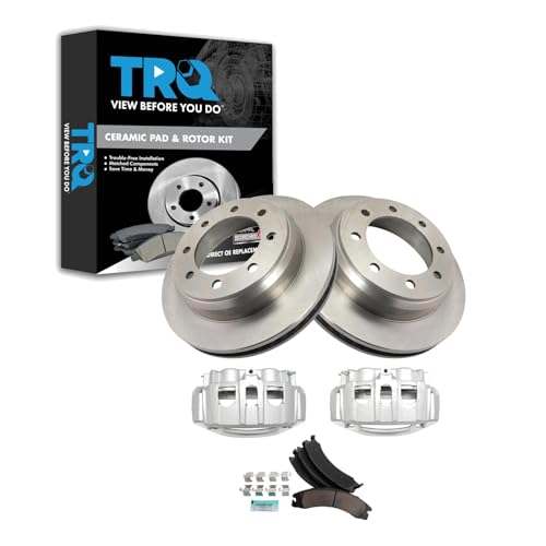Image of TRQ Rear Brake Pad, Caliper, & Rotor Kit Ceramic Compatible with 2008-2014 Ford E-150 E-250 2008-2019 E-350 Super Duty